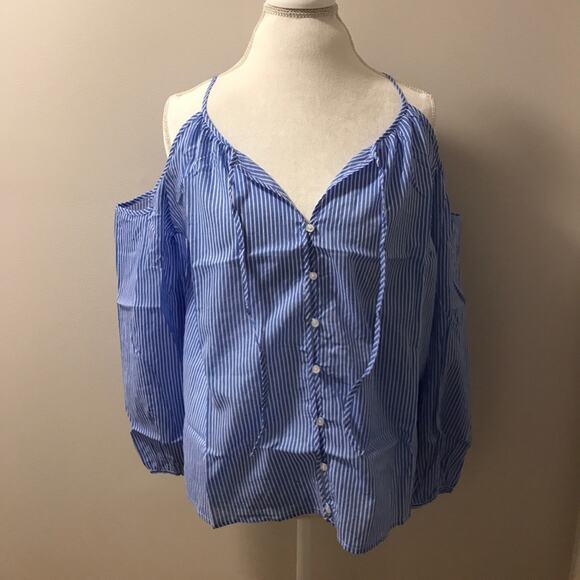 Cold Shoulder Top Blue Striped Button Down Blouse - Picture 6 of 8